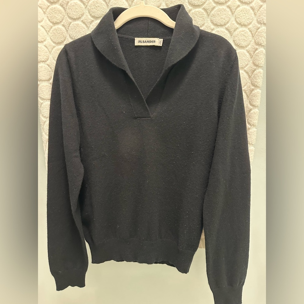 Vintage Jil Sander Black shawl collar V-Neck Merino Wool Sweater.